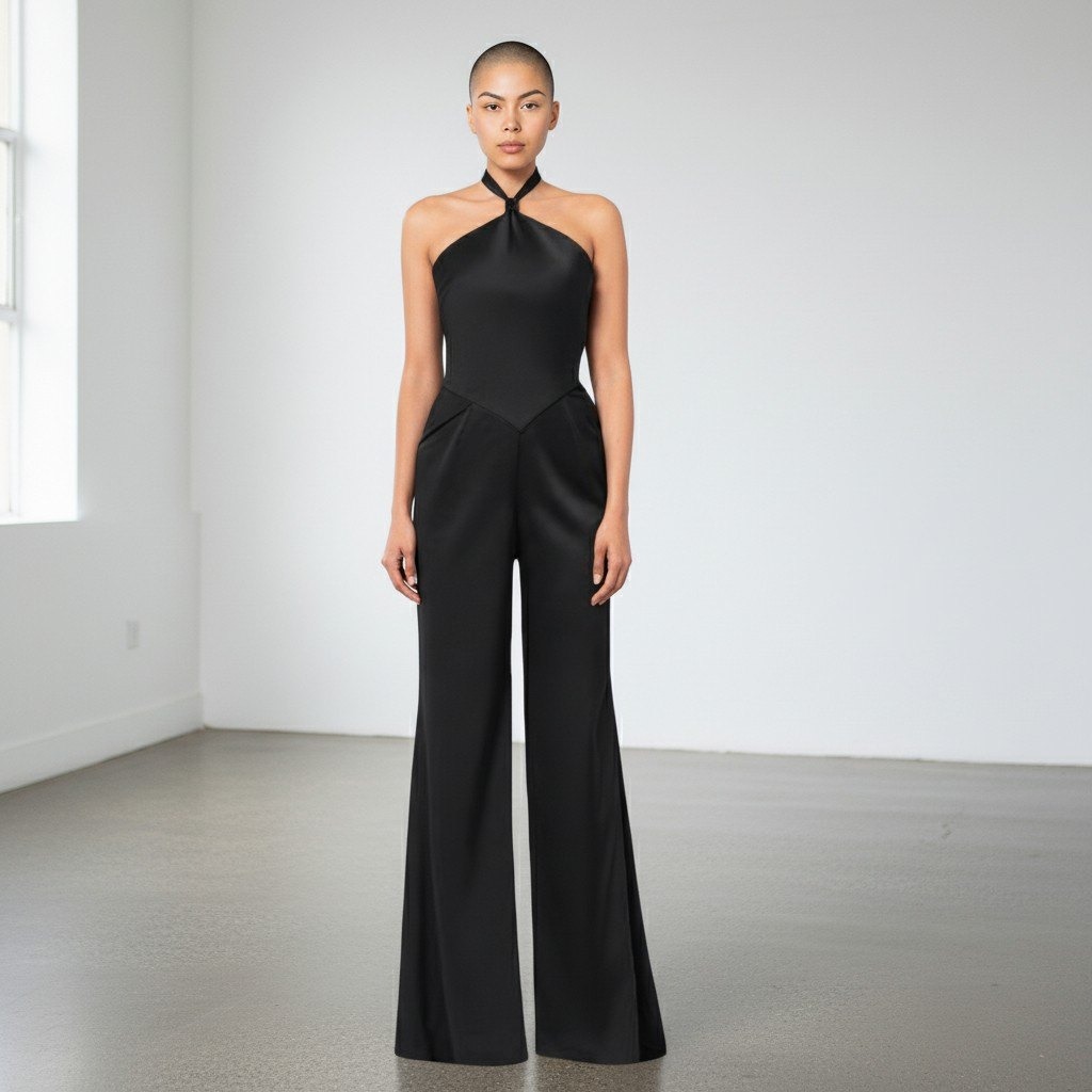 Aqua Halter Neck Wide Leg Satin Jumpsuit Womens 0 Black Party Hostess Event Nwt